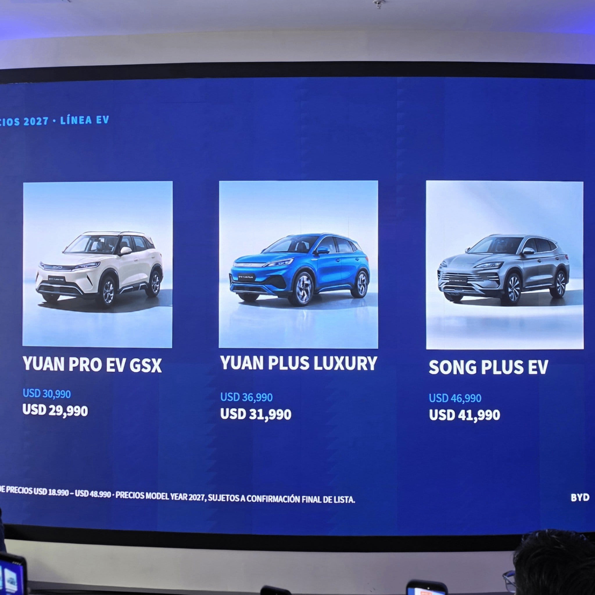 Lista oficial BYD 2027 Uruguay: Yuan Pro EV GSX US$ 29.990, Yuan Plus Luxury US$ 31.990, Song Plus EV US$ 41.990